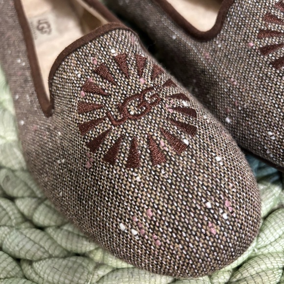 UGG Alloway Brown Tweed Sherpa Lined Slip on Slipper Flat Loafers NWOT - Picture 6 of 9